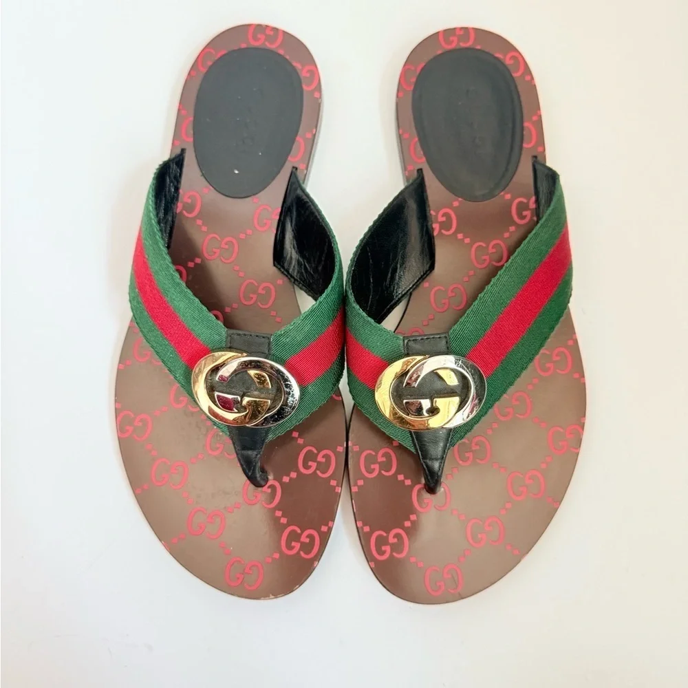 Gucci Brown leather Kika Web thongs sandals Interlocking GG EU 37.5